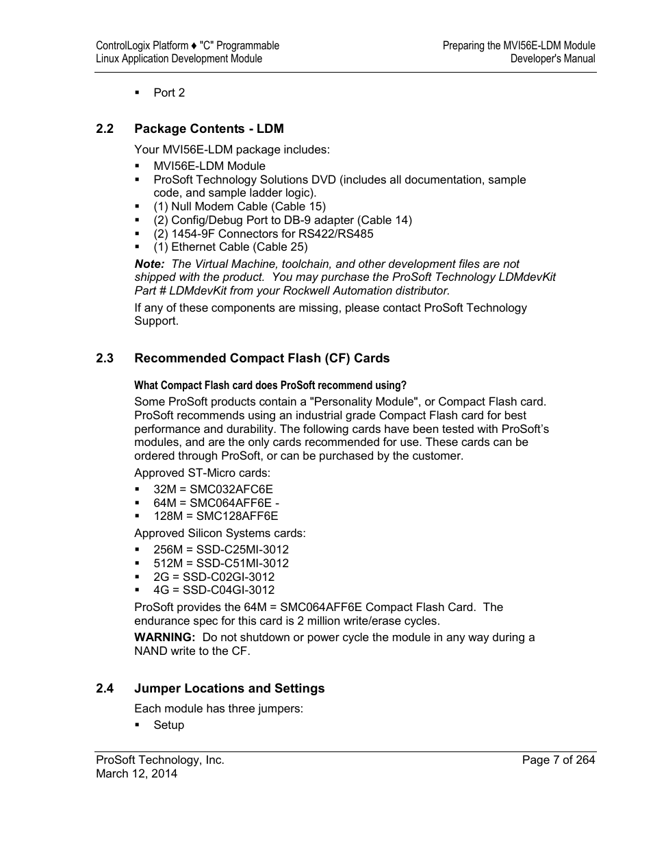 Package contents - ldm, Recommended compact flash (cf) cards, Jumper locations and settings | ProSoft Technology MVI56E-LDM User Manual | Page 13 / 264