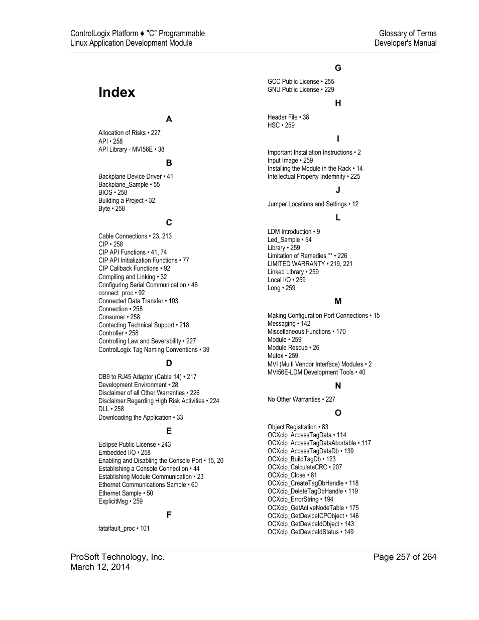 Index | ProSoft Technology MVI56E-LDM User Manual | Page 263 / 264