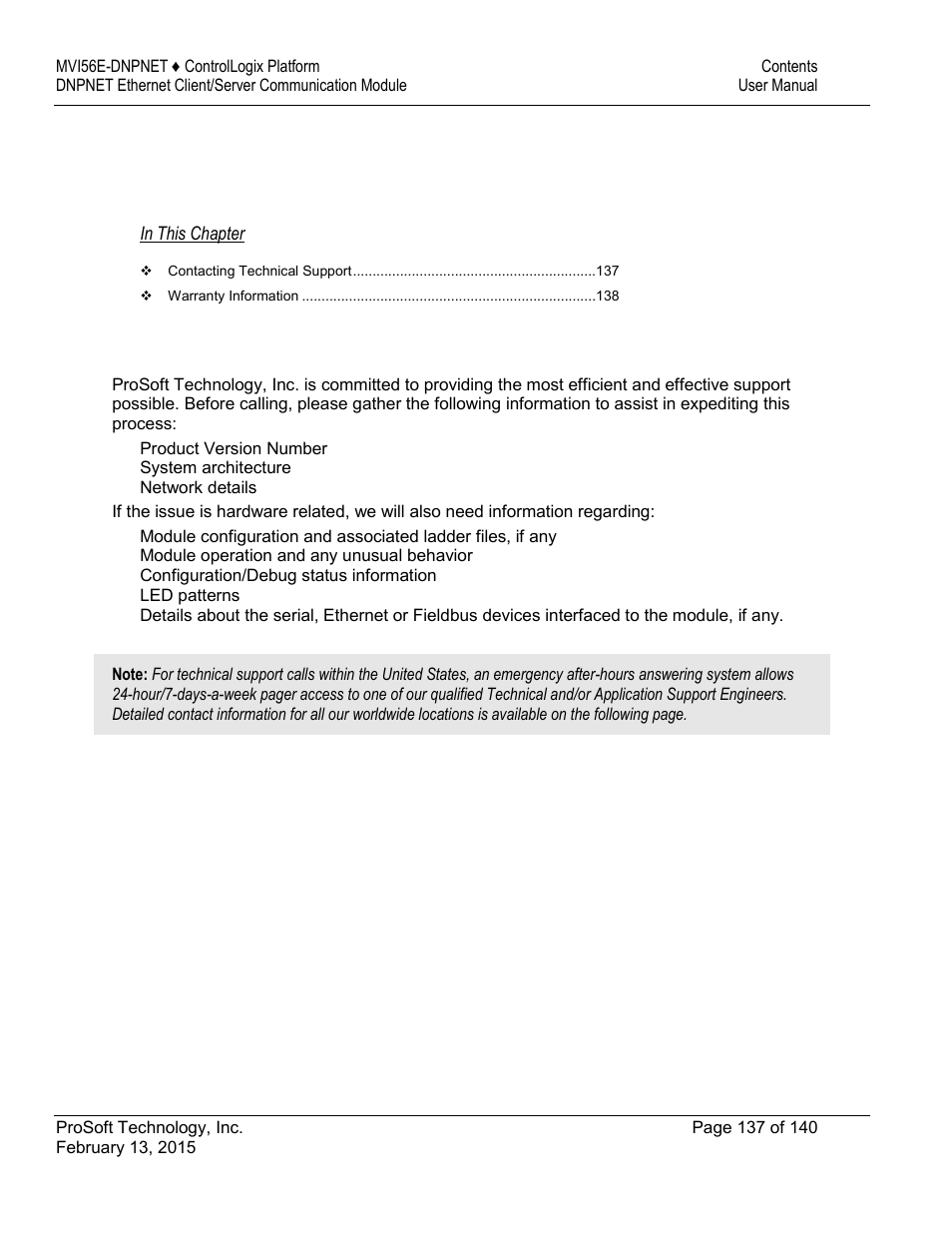 5support, service & warranty | ProSoft Technology MVI56E-DNPNET User Manual | Page 137 / 140