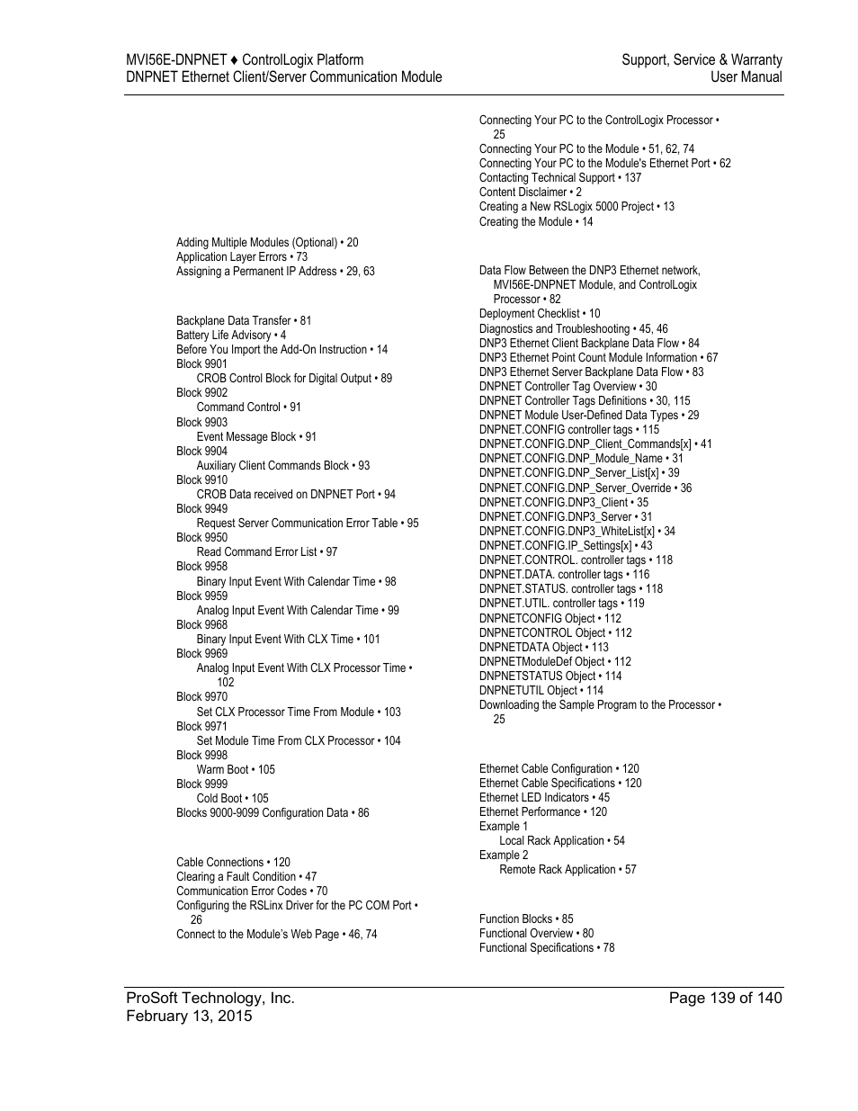 Index | ProSoft Technology MVI56E-DNPNET User Manual | Page 139 / 140