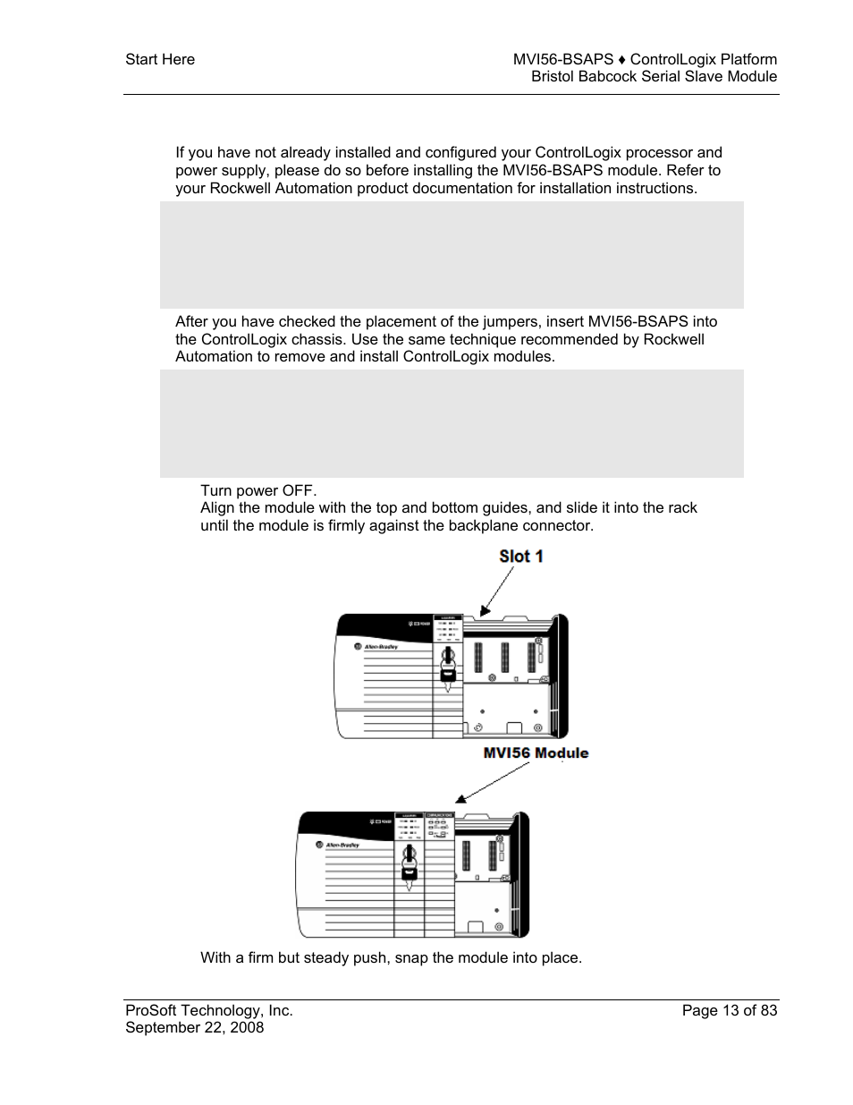 Install the module in the rack | ProSoft Technology MVI56-BSAPS User Manual | Page 13 / 83