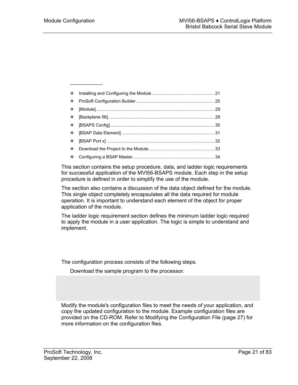 Module configuration, Installing and configuring the module, 2 module configuration | ProSoft Technology MVI56-BSAPS User Manual | Page 21 / 83