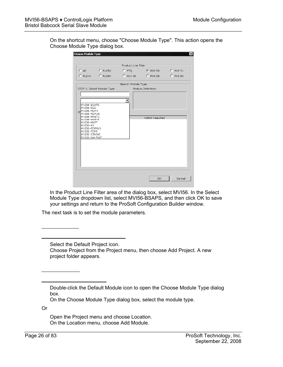 Adding a project, To add a project to an existing project file, Adding a module | To add a module to your project | ProSoft Technology MVI56-BSAPS User Manual | Page 26 / 83