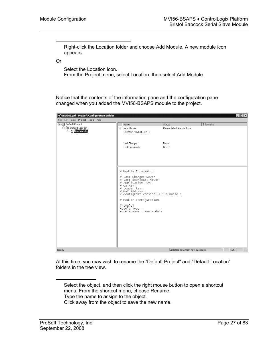 To add a module to a different location, Set module parameters, To rename an object | E 27) for | ProSoft Technology MVI56-BSAPS User Manual | Page 27 / 83