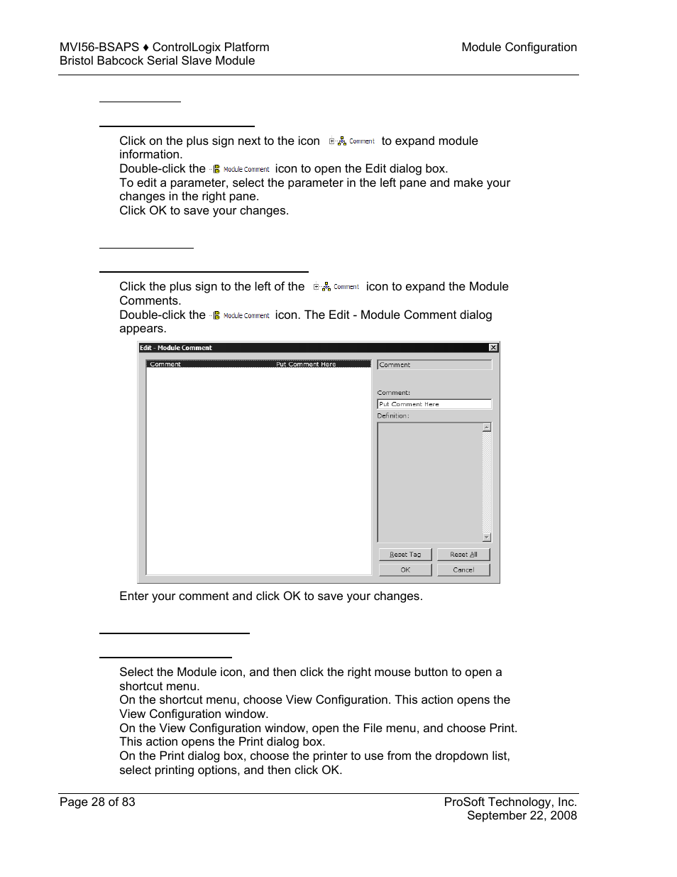 Module entries, To configure module parameters, Comment entries | To add comments to your configuration file, Printing a configuration file, To print a configuration file | ProSoft Technology MVI56-BSAPS User Manual | Page 28 / 83