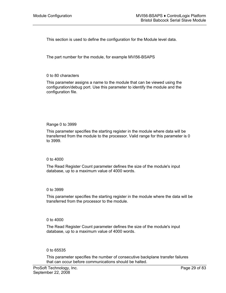 Module, Module type, Module name | Backplane 56, Read register start, Read register count, Write register start, Backplane fail count | ProSoft Technology MVI56-BSAPS User Manual | Page 29 / 83