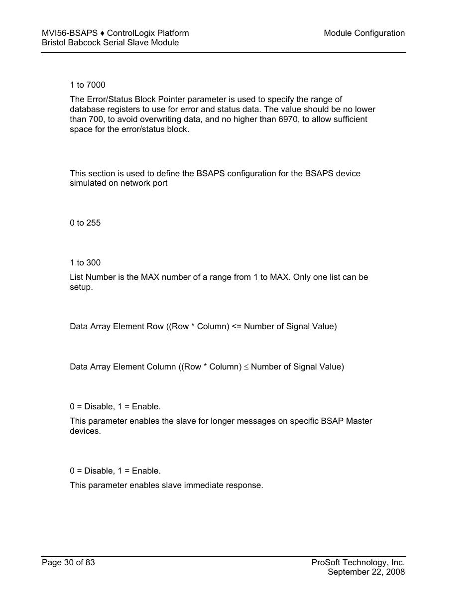 Error/status block pointer, Bsaps config, Number of signal value | Signal list number, Array element row, Array element column, Sfirmware enable, Immediate response mode, Bsaps, Config | ProSoft Technology MVI56-BSAPS User Manual | Page 30 / 83
