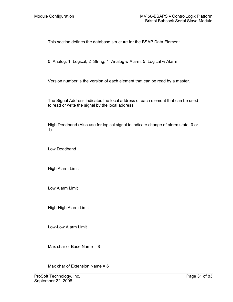 Bsap data element, Signal type, Version no | Signal addr, Hi db, Lo db, Hi al, Lo al, Hh al, Ll al | ProSoft Technology MVI56-BSAPS User Manual | Page 31 / 83