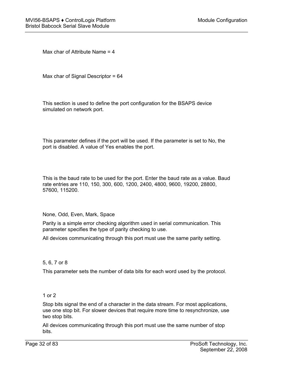 Attribute name, Signal descriptor, Bsap port x | Enable, Baud rate, Parity, Data bits, Stop bits, Bsap, Port x | ProSoft Technology MVI56-BSAPS User Manual | Page 32 / 83