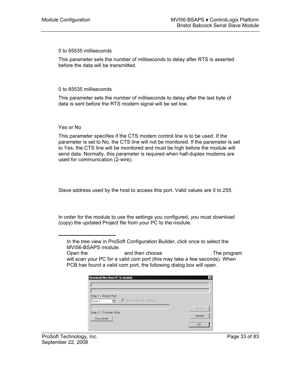 Rts on, Rts off, Use cts line | Slave id, Download the project to the module, To download the project file, Download, Project to the module | ProSoft Technology MVI56-BSAPS User Manual | Page 33 / 83