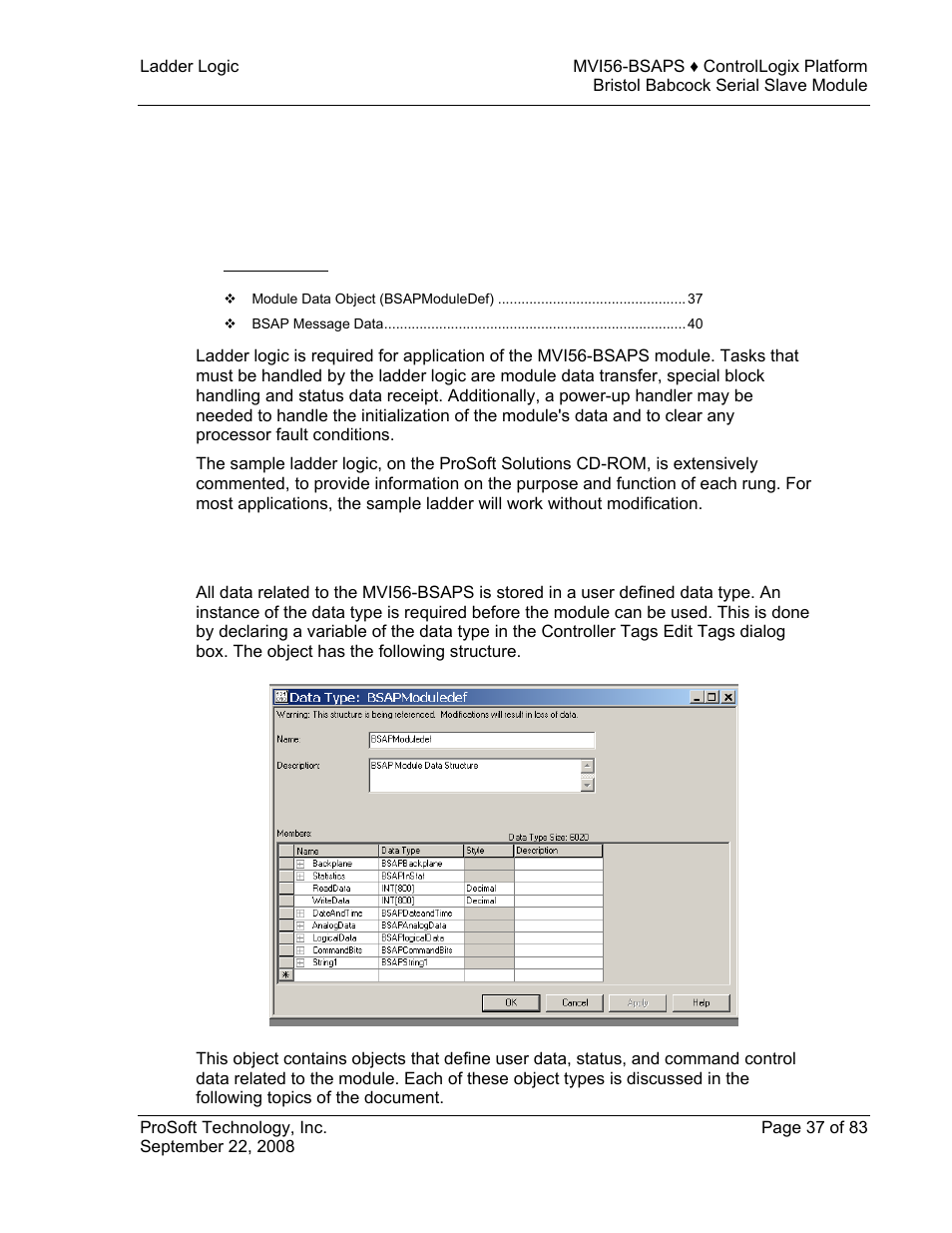 Ladder logic, Module data object (bsapmoduledef), 3 ladder logic | ProSoft Technology MVI56-BSAPS User Manual | Page 37 / 83