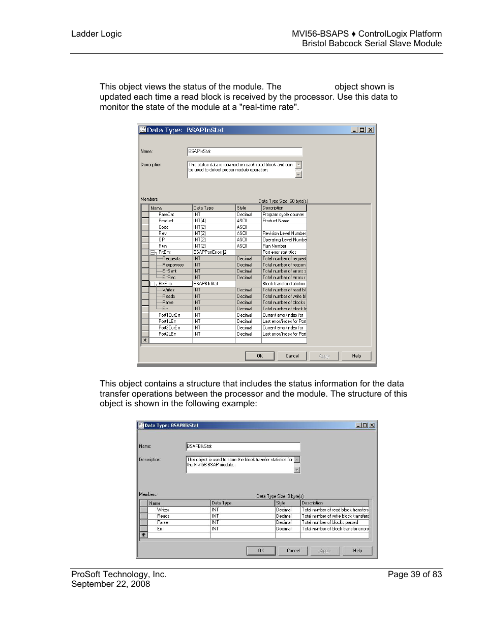 Status data | ProSoft Technology MVI56-BSAPS User Manual | Page 39 / 83