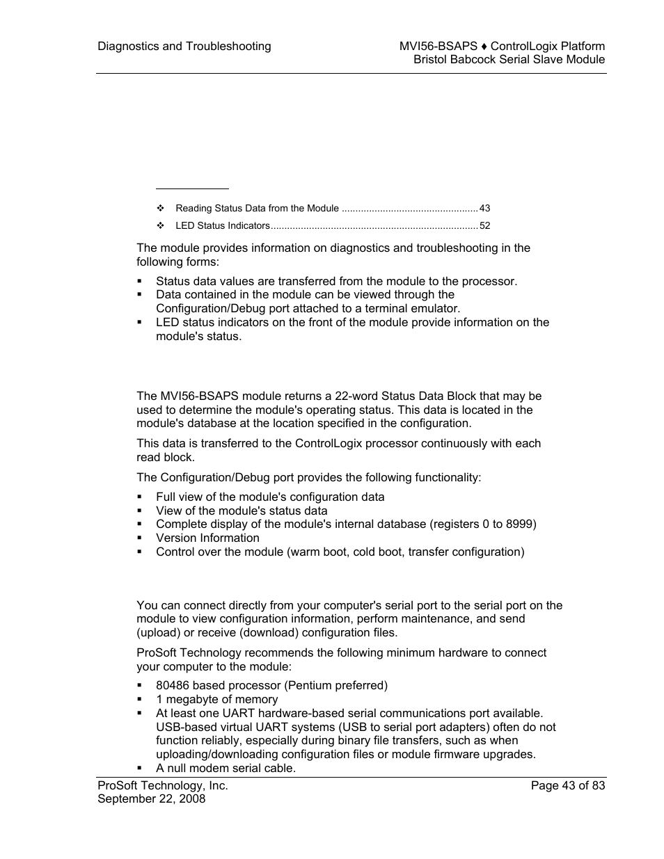 Diagnostics and troubleshooting, Reading status data from the module, Required hardware | E 43), 4 diagnostics and troubleshooting | ProSoft Technology MVI56-BSAPS User Manual | Page 43 / 83