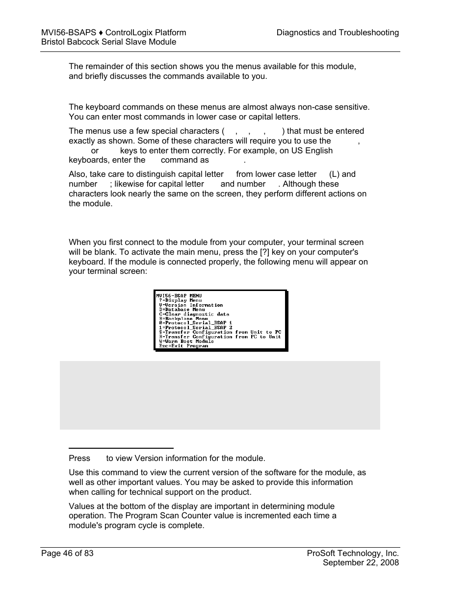 Keystrokes, Main menu, Viewing version information | ProSoft Technology MVI56-BSAPS User Manual | Page 46 / 83