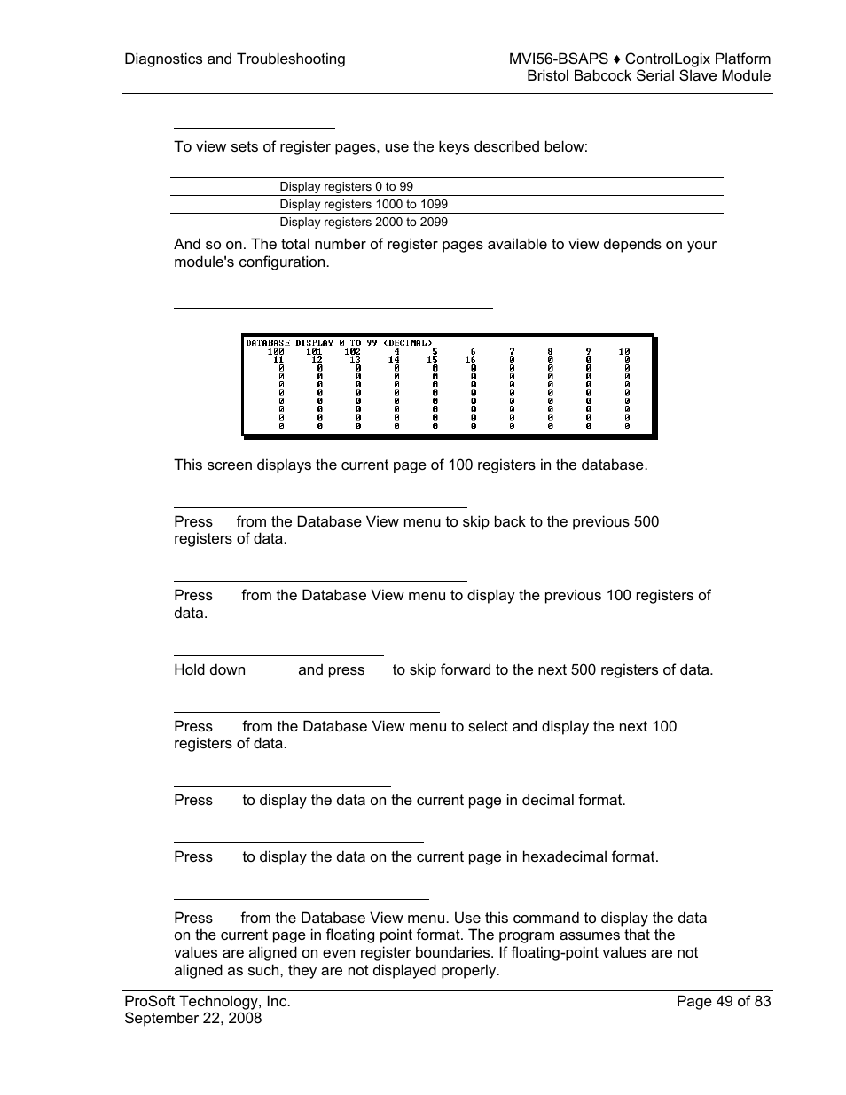 Viewing the previous 100 registers of data, Skipping 500 registers of data, Viewing the next 100 registers of data | Viewing data in decimal format, Viewing data in hexadecimal format, Viewing data in floating point format | ProSoft Technology MVI56-BSAPS User Manual | Page 49 / 83