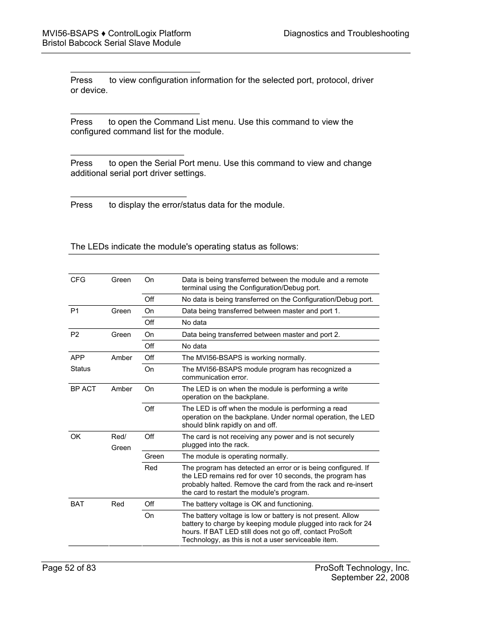 Viewing configuration information, Opening the command list menu, Opening the serial port menu | Viewing error and status data, Led status indicators, E 52), Status, Indicators | ProSoft Technology MVI56-BSAPS User Manual | Page 52 / 83