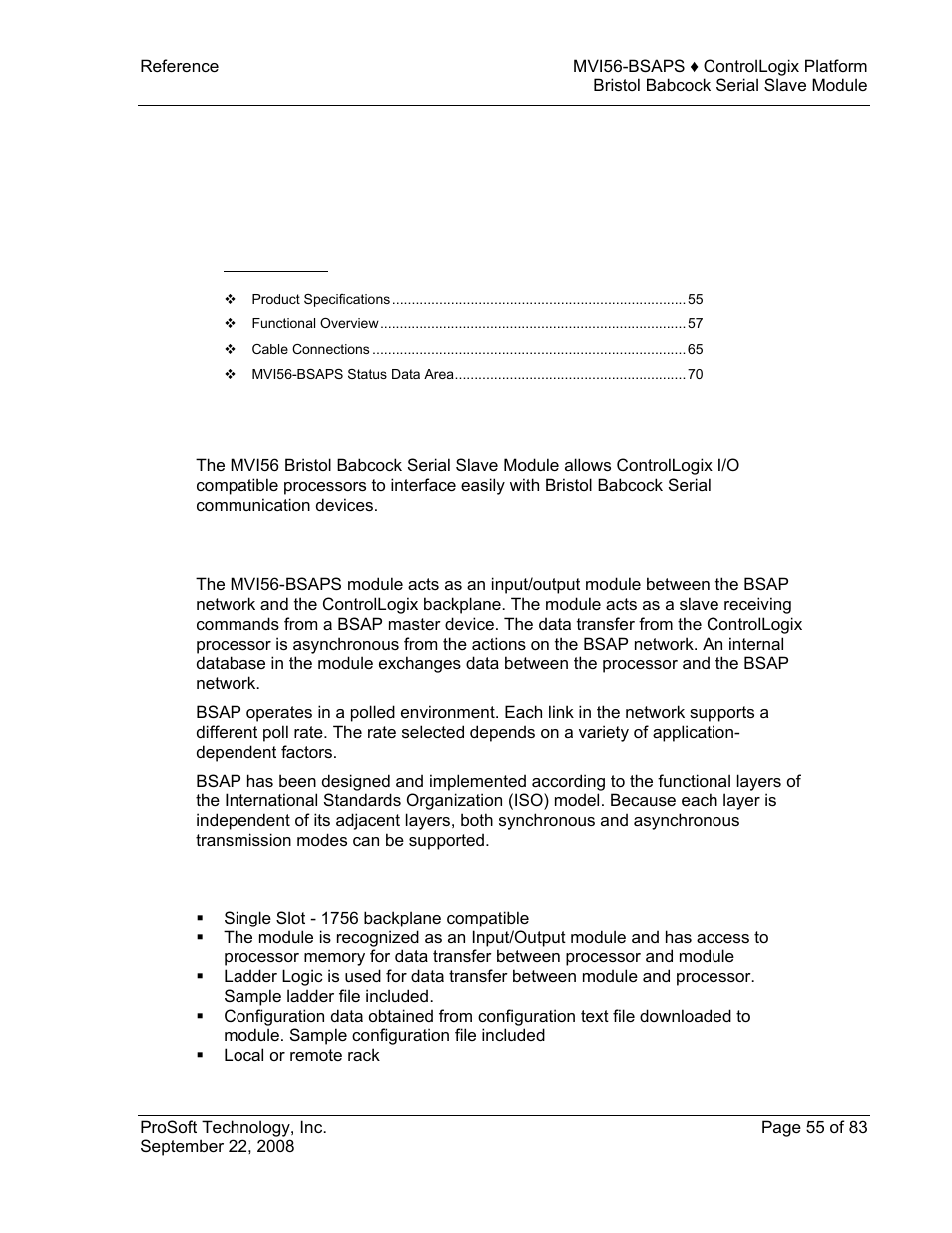 Reference, Product specifications, Features and benefits | General specifications, Ge 55), 5 reference | ProSoft Technology MVI56-BSAPS User Manual | Page 55 / 83