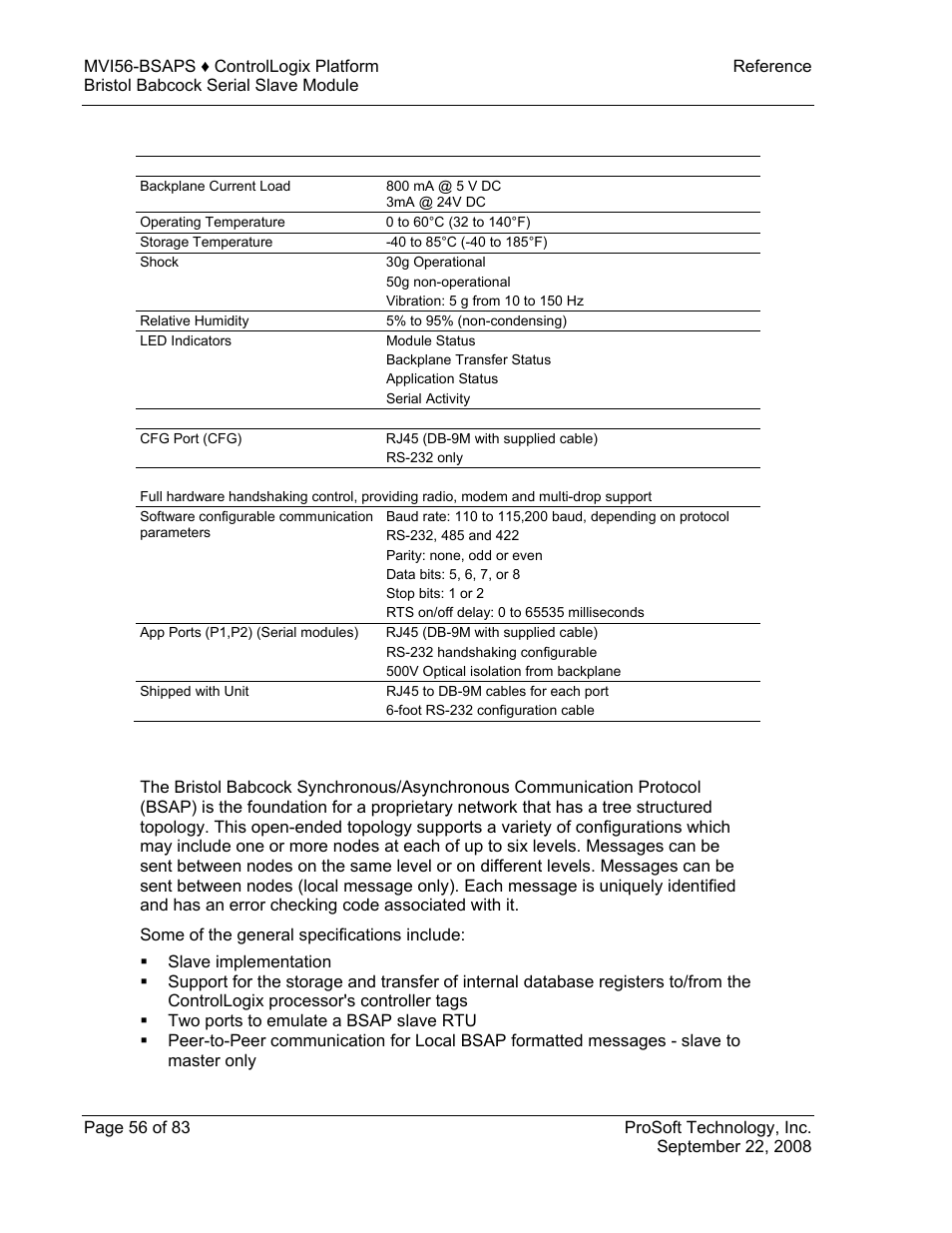 Hardware specifications, Functional specifications | ProSoft Technology MVI56-BSAPS User Manual | Page 56 / 83