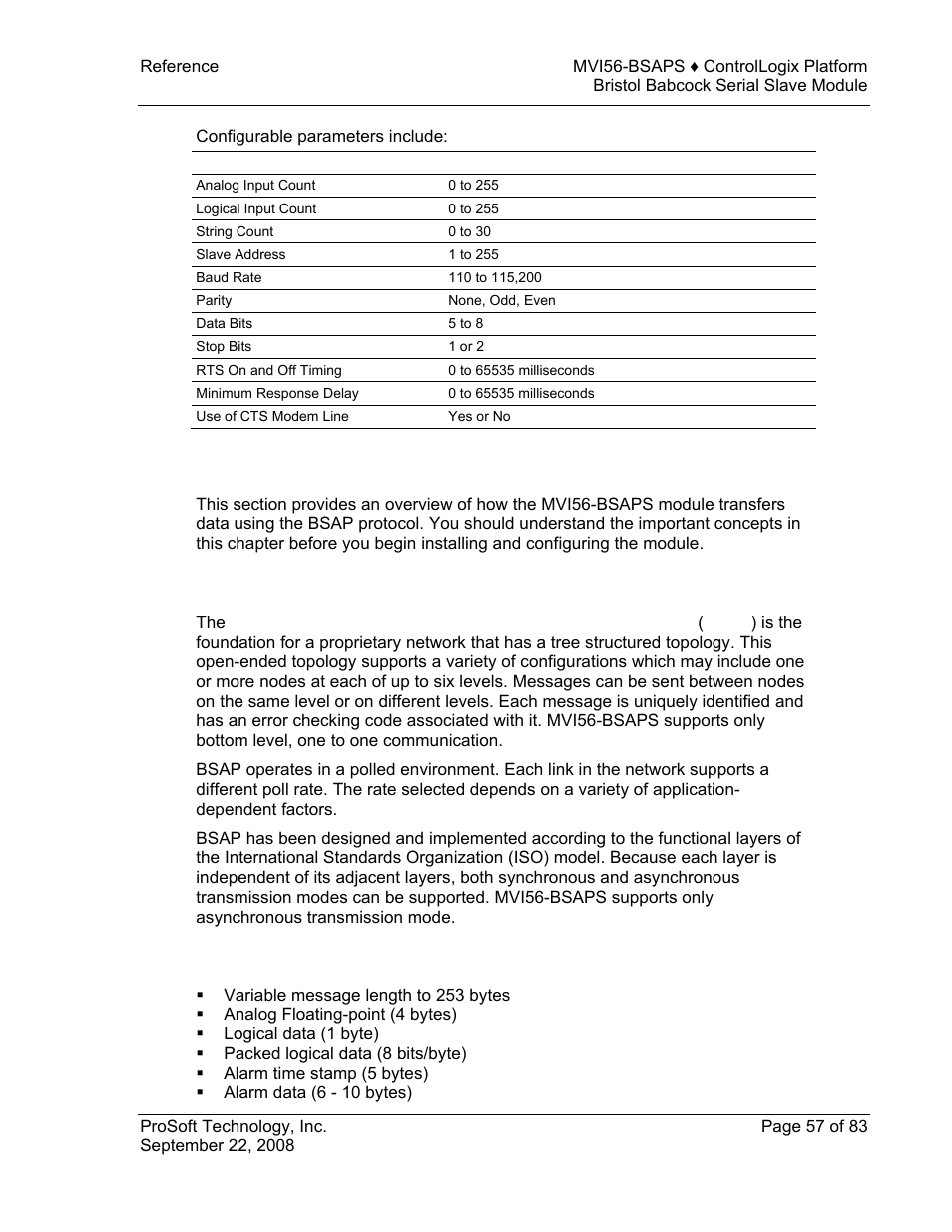 Functional overview, Introduction, Protocol overview | E 57), Functional, Overview | ProSoft Technology MVI56-BSAPS User Manual | Page 57 / 83