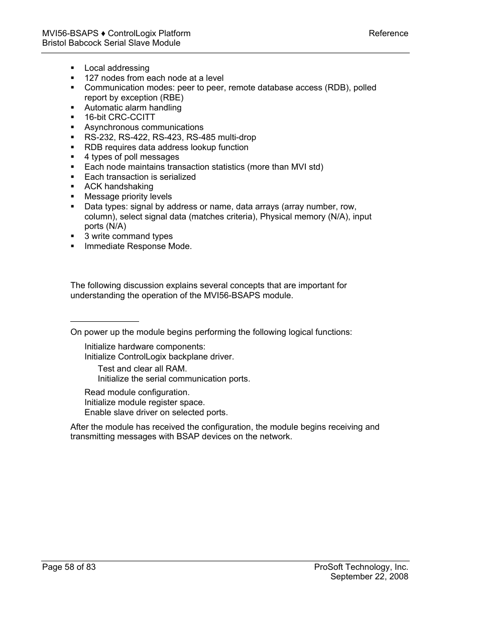General concepts, Module power up | ProSoft Technology MVI56-BSAPS User Manual | Page 58 / 83