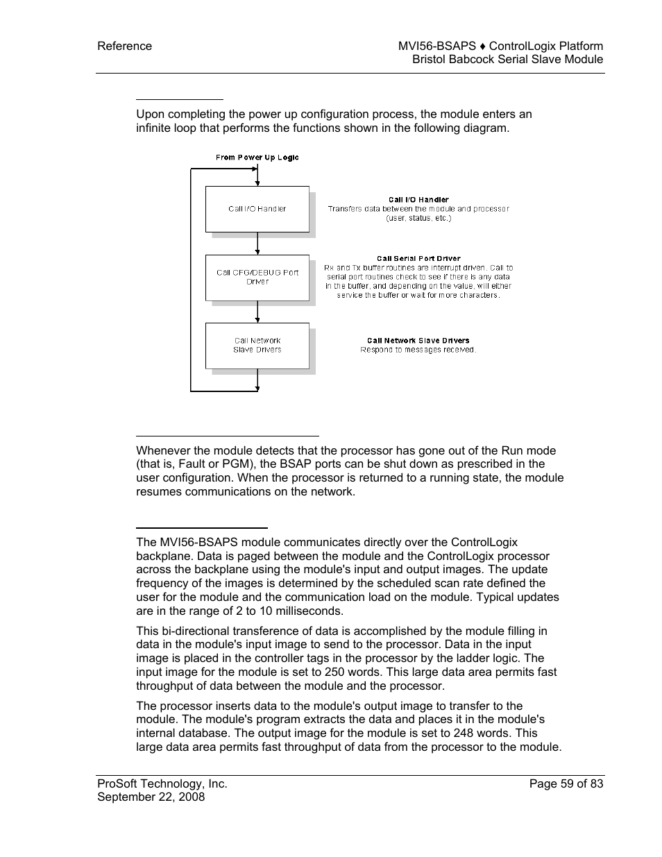 Main logic loop, Controllogix processor not in run, Backplane data transfer | ProSoft Technology MVI56-BSAPS User Manual | Page 59 / 83