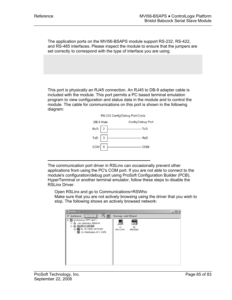 Cable connections, Rs-232 configuration/debug port, Cable | Connections | ProSoft Technology MVI56-BSAPS User Manual | Page 65 / 83