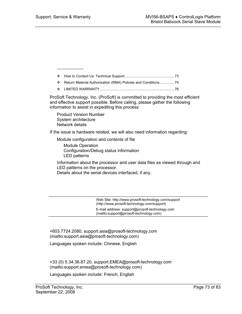 Support, service & warranty, How to contact us: technical support, 6support, service & warranty | ProSoft Technology MVI56-BSAPS User Manual | Page 73 / 83