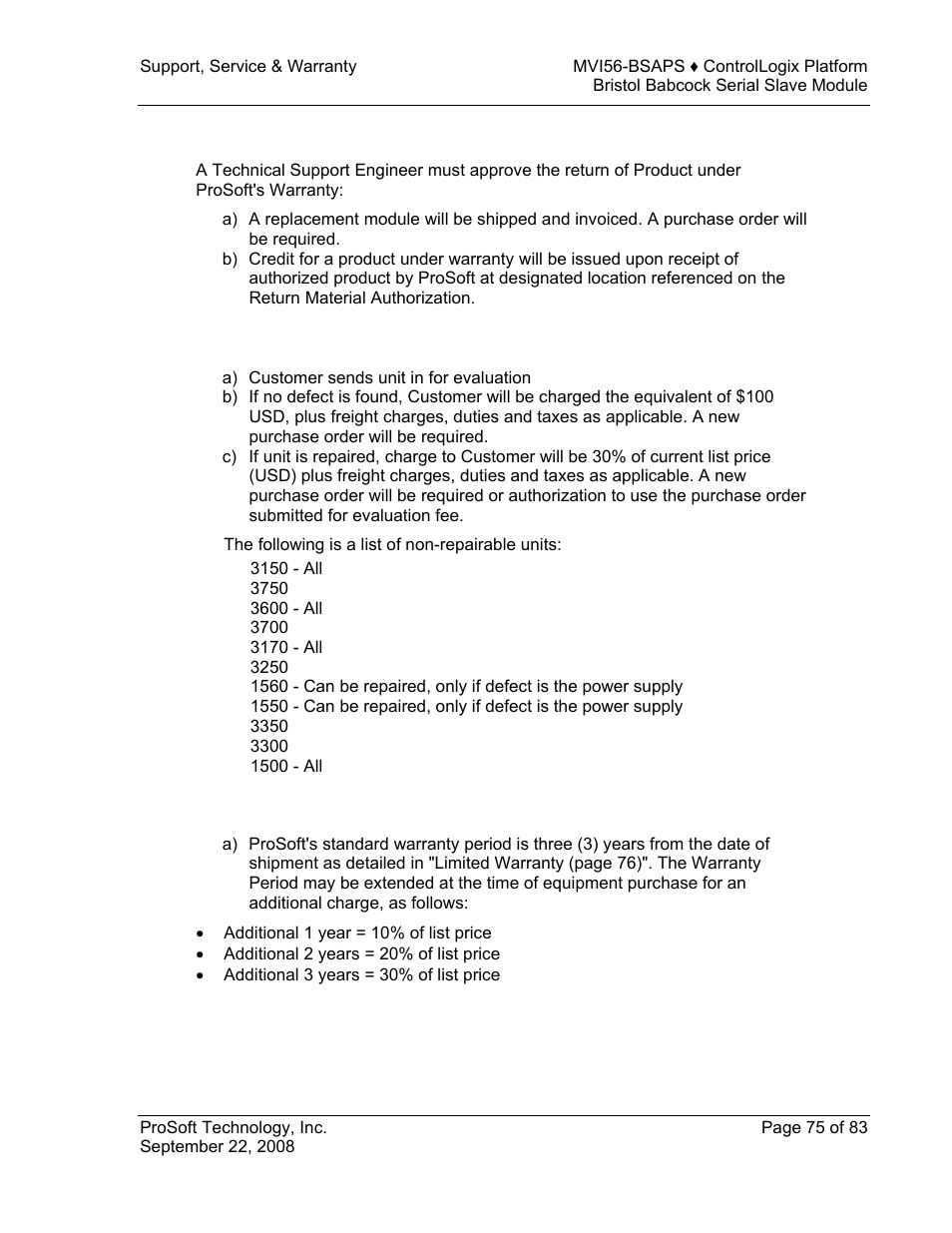 Procedures for return of units under warranty, Procedures for return of units out of warranty, Purchasing warranty extension | ProSoft Technology MVI56-BSAPS User Manual | Page 75 / 83