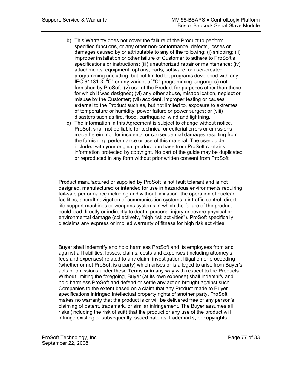 Disclaimer regarding high risk activities, Intellectual property indemnity | ProSoft Technology MVI56-BSAPS User Manual | Page 77 / 83