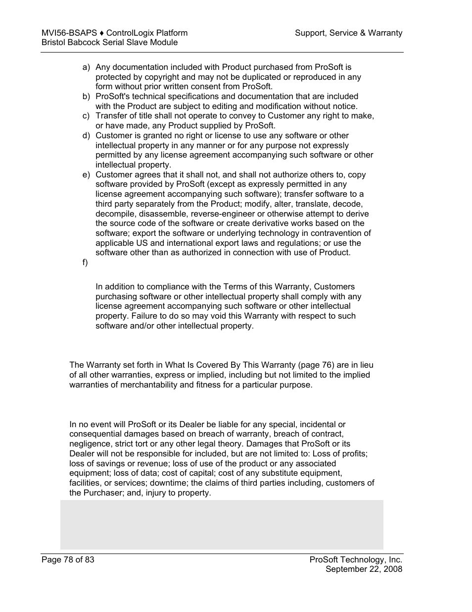 Disclaimer of all other warranties, Limitation of remedies | ProSoft Technology MVI56-BSAPS User Manual | Page 78 / 83