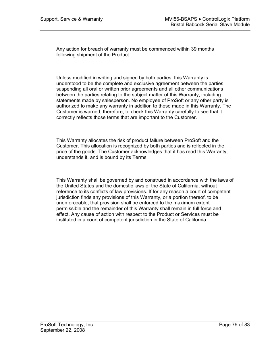 Time limit for bringing suit, No other warranties, Allocation of risks | Controlling law and severability | ProSoft Technology MVI56-BSAPS User Manual | Page 79 / 83