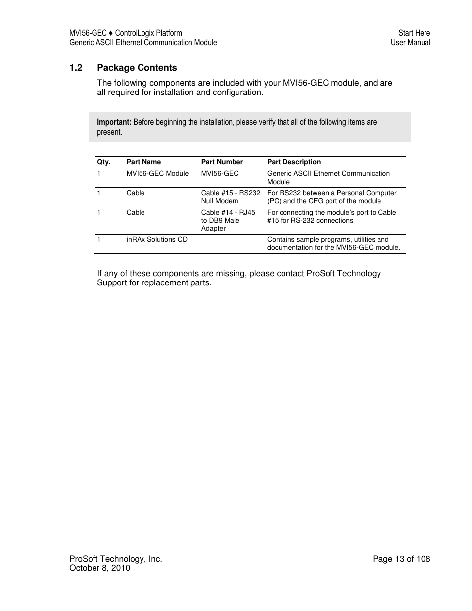 ProSoft Technology MVI56-GEC User Manual | Page 13 / 108
