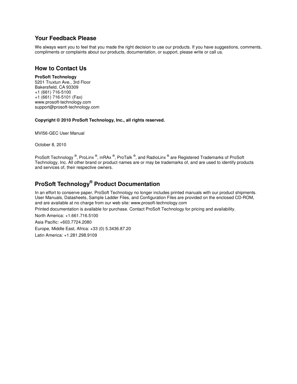 Your feedback please, How to contact us, Prosoft technology | Product documentation | ProSoft Technology MVI56-GEC User Manual | Page 2 / 108