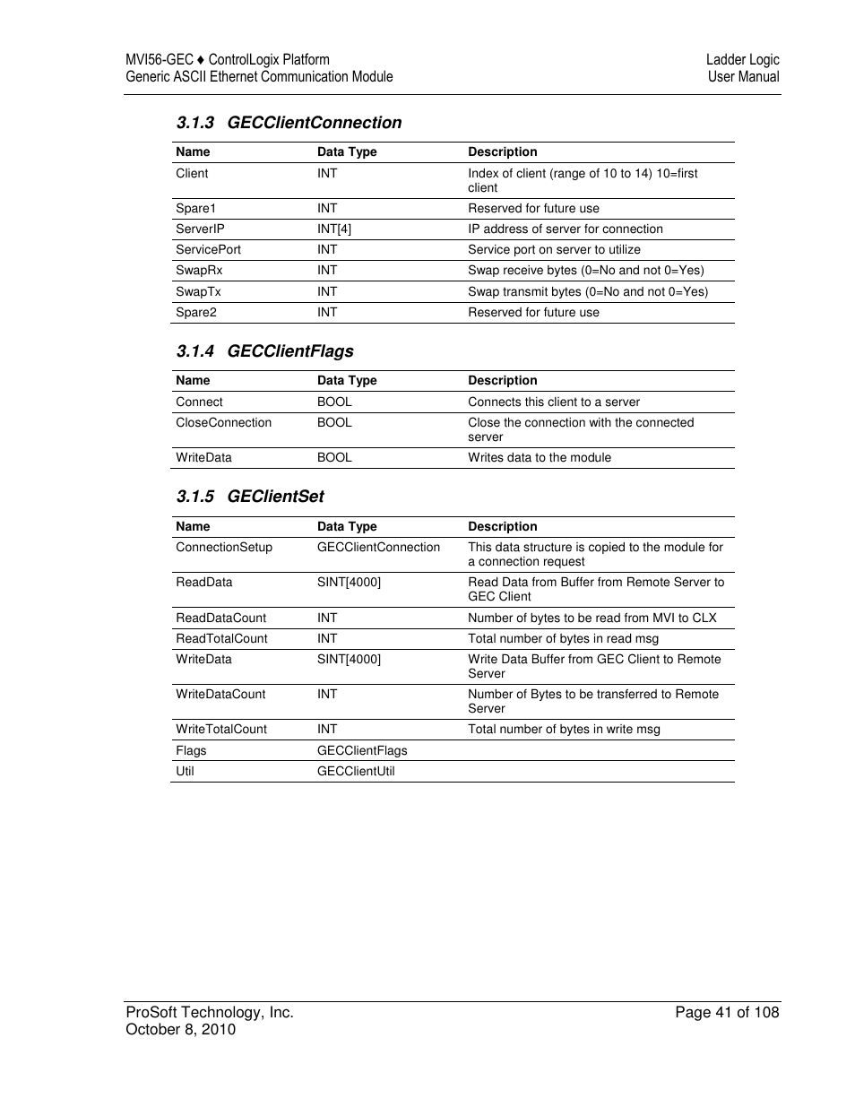 3 gecclientconnection, 4 gecclientflags, 5 geclientset | ProSoft Technology MVI56-GEC User Manual | Page 41 / 108