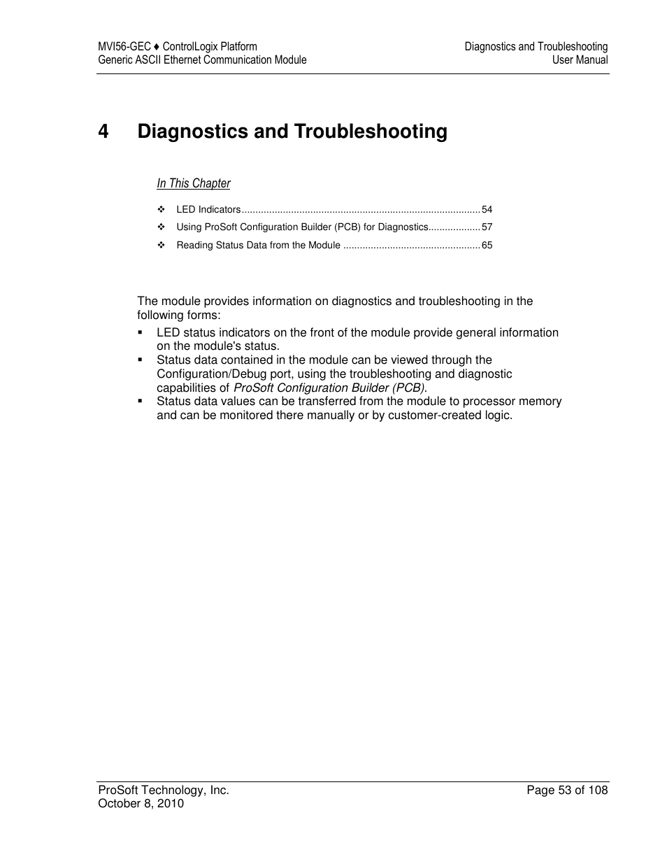 4diagnostics and troubleshooting | ProSoft Technology MVI56-GEC User Manual | Page 53 / 108