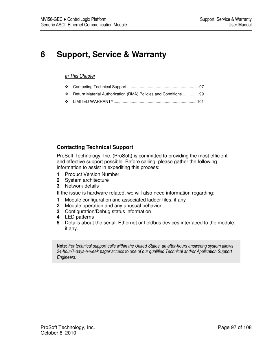 6support, service & warranty | ProSoft Technology MVI56-GEC User Manual | Page 97 / 108