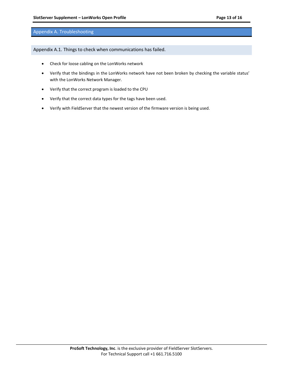 Appendix a. troubleshooting | ProSoft Technology PS56-LON-001 User Manual | Page 13 / 16