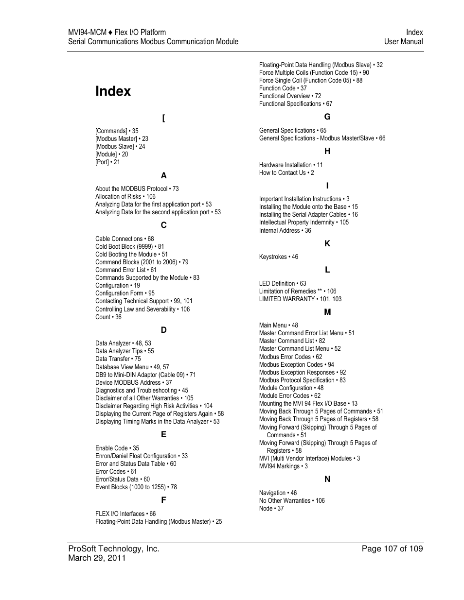 Index | ProSoft Technology MVI94-MCM-MHI User Manual | Page 107 / 109