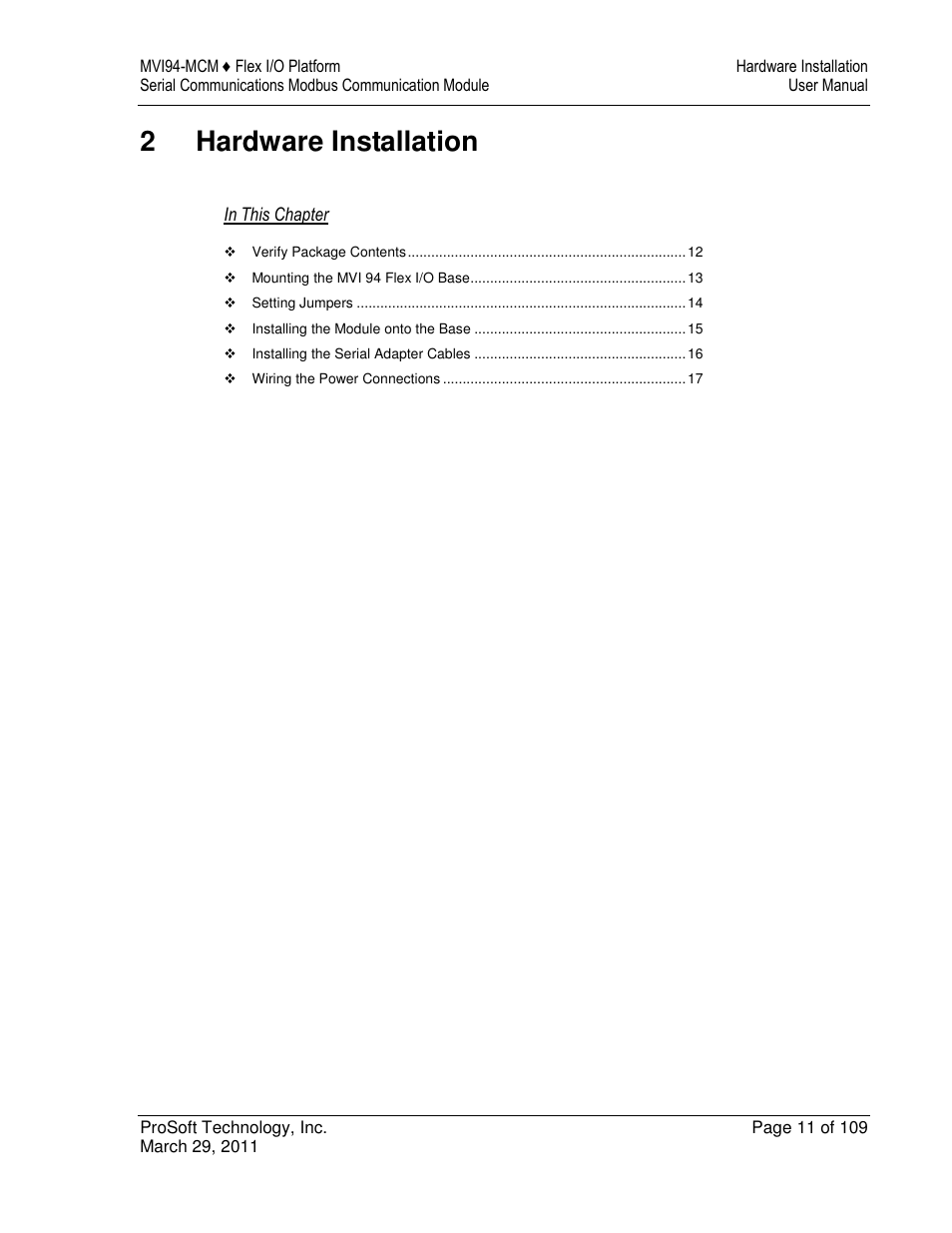 2hardware installation | ProSoft Technology MVI94-MCM-MHI User Manual | Page 11 / 109