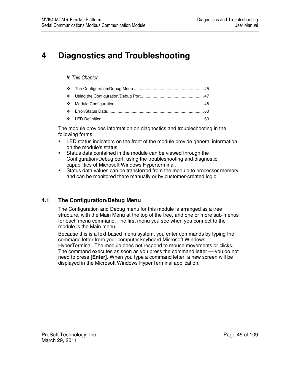 4diagnostics and troubleshooting | ProSoft Technology MVI94-MCM-MHI User Manual | Page 45 / 109
