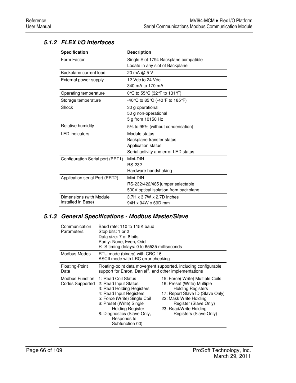 2 flex i/o interfaces, 3 general specifications - modbus master/slave | ProSoft Technology MVI94-MCM-MHI User Manual | Page 66 / 109