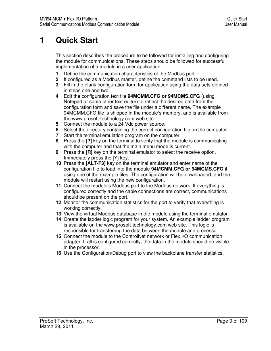 1quick start | ProSoft Technology MVI94-MCM-MHI User Manual | Page 9 / 109