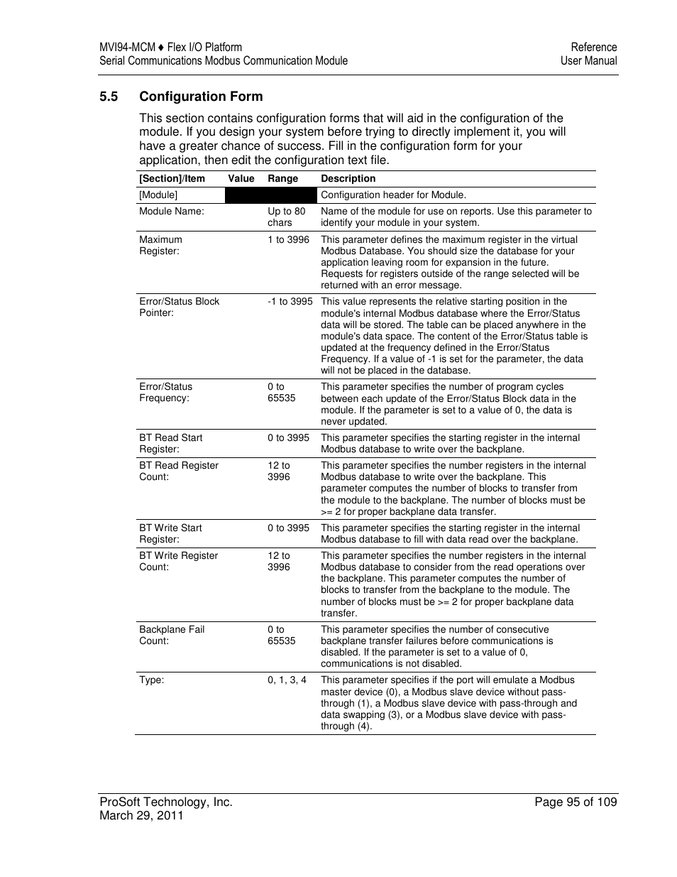 5 configuration form | ProSoft Technology MVI94-MCM-MHI User Manual | Page 95 / 109