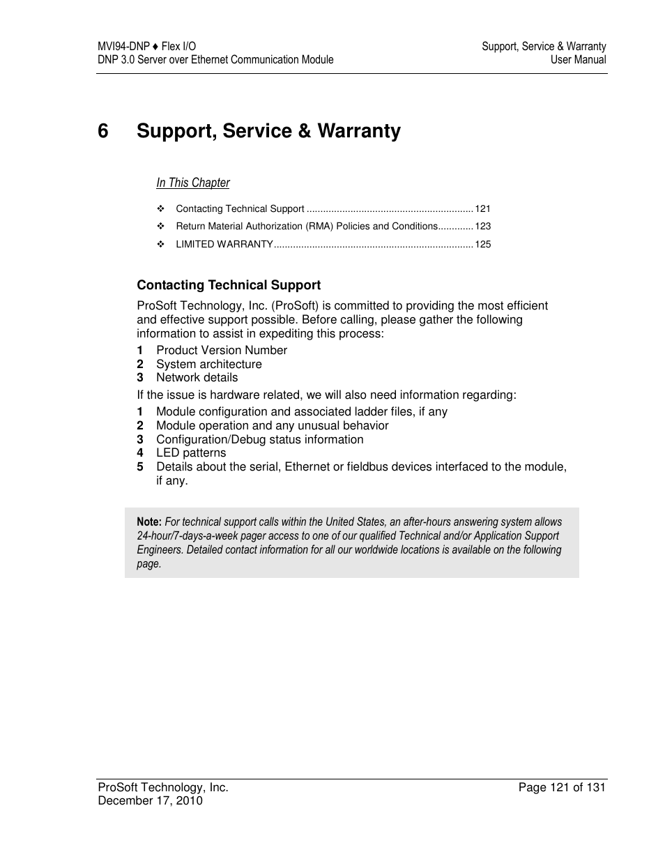 6support, service & warranty | ProSoft Technology MVI94-DNP User Manual | Page 121 / 131