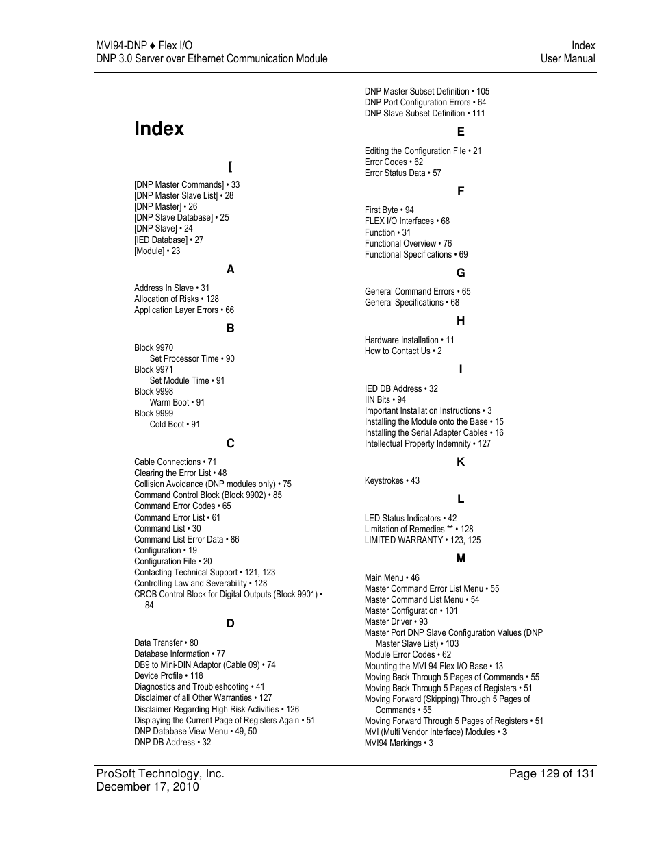 Index | ProSoft Technology MVI94-DNP User Manual | Page 129 / 131