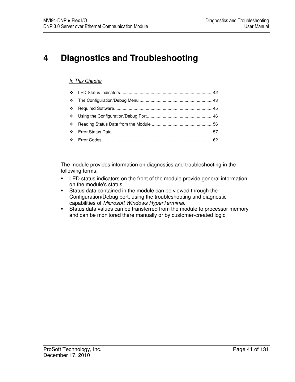 4diagnostics and troubleshooting | ProSoft Technology MVI94-DNP User Manual | Page 41 / 131