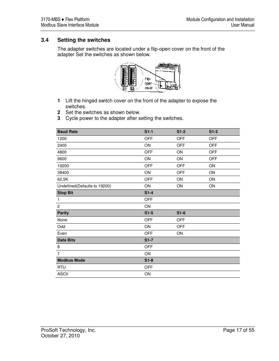 4 setting the switches | ProSoft Technology 3170-MBS User Manual | Page 17 / 55
