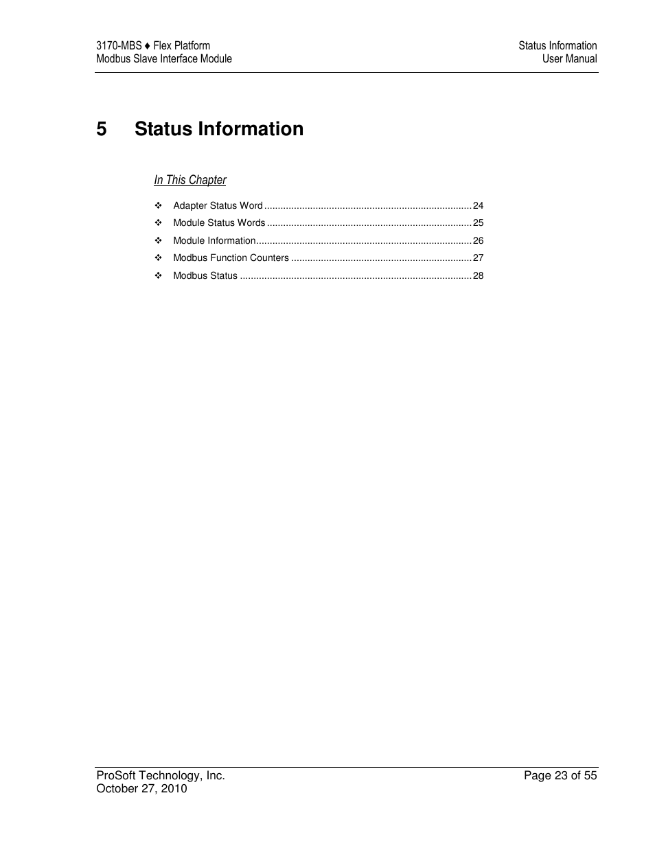 5status information | ProSoft Technology 3170-MBS User Manual | Page 23 / 55