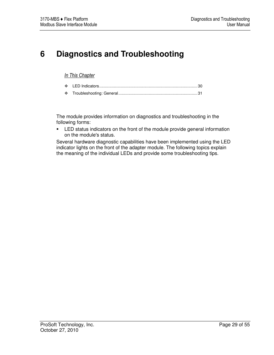 6diagnostics and troubleshooting | ProSoft Technology 3170-MBS User Manual | Page 29 / 55