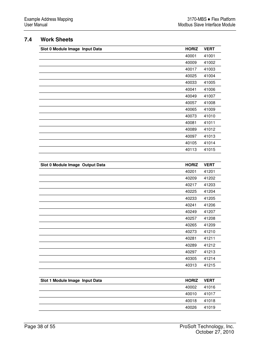 4 work sheets | ProSoft Technology 3170-MBS User Manual | Page 38 / 55
